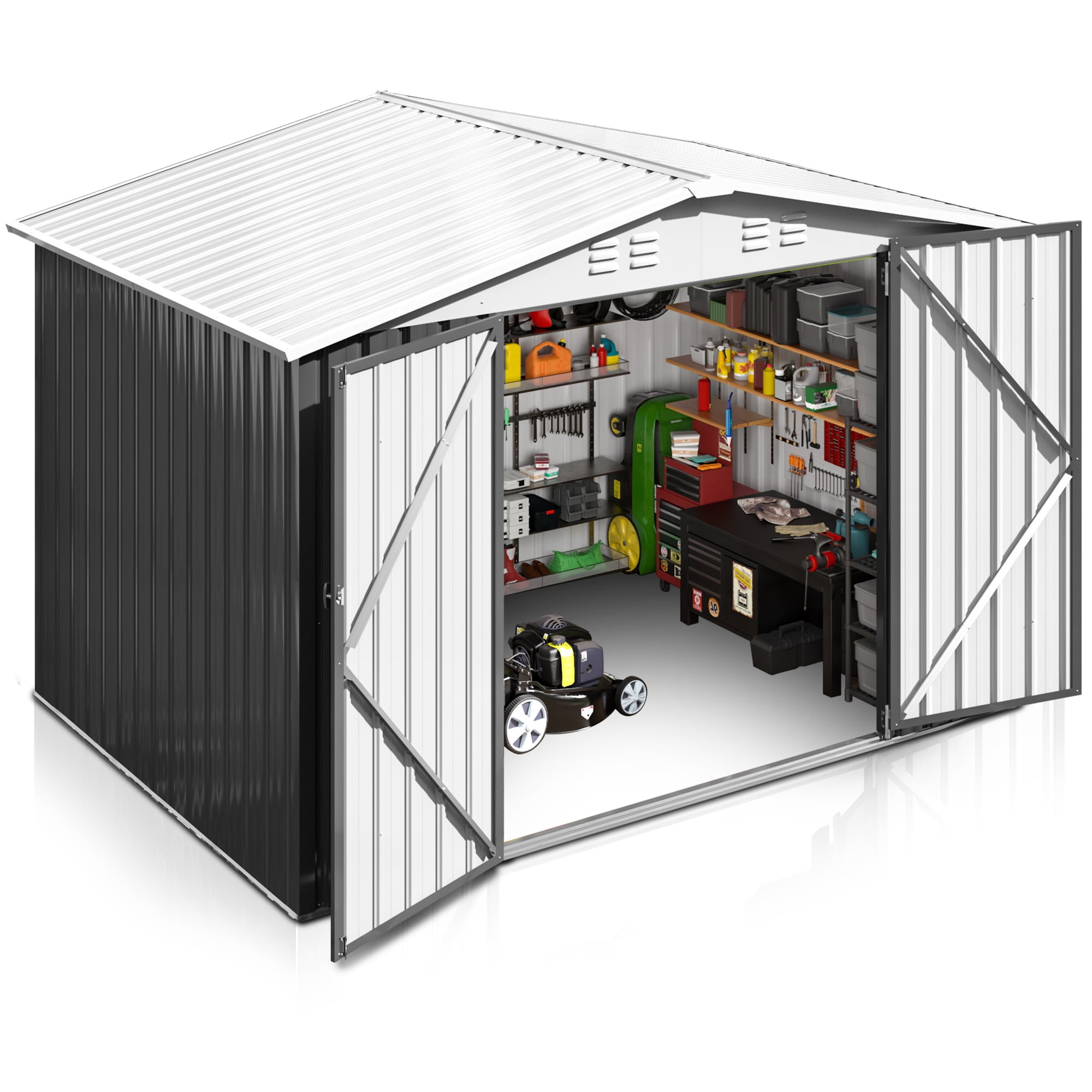 NETAJE 6'x8' Outdoor Metal Shed with Lockable Doors and Updated Frame for Backyard, White