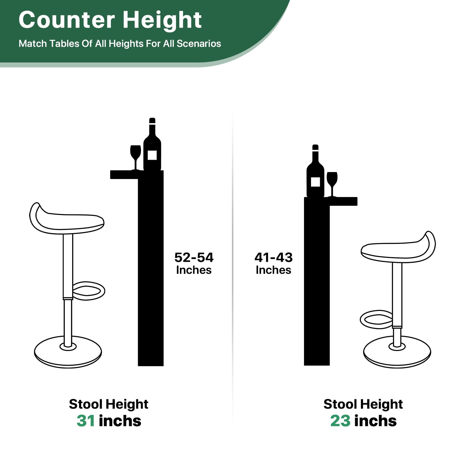 MoNiBloom Adjustable Height Swivel Bar Stool Lift Pub Chair, Counter Height Chair Set of 2 for Kitchen, Green