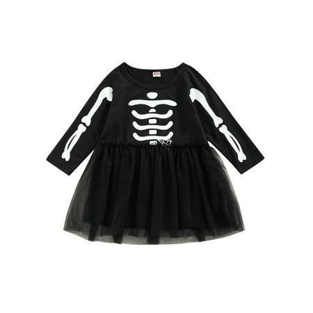 

IZhansean Toddler Baby Girls Halloween Clothes Long Sleeve Skeleton Print Tulle Tutu Dress Party Outfits Black 2-3 Years