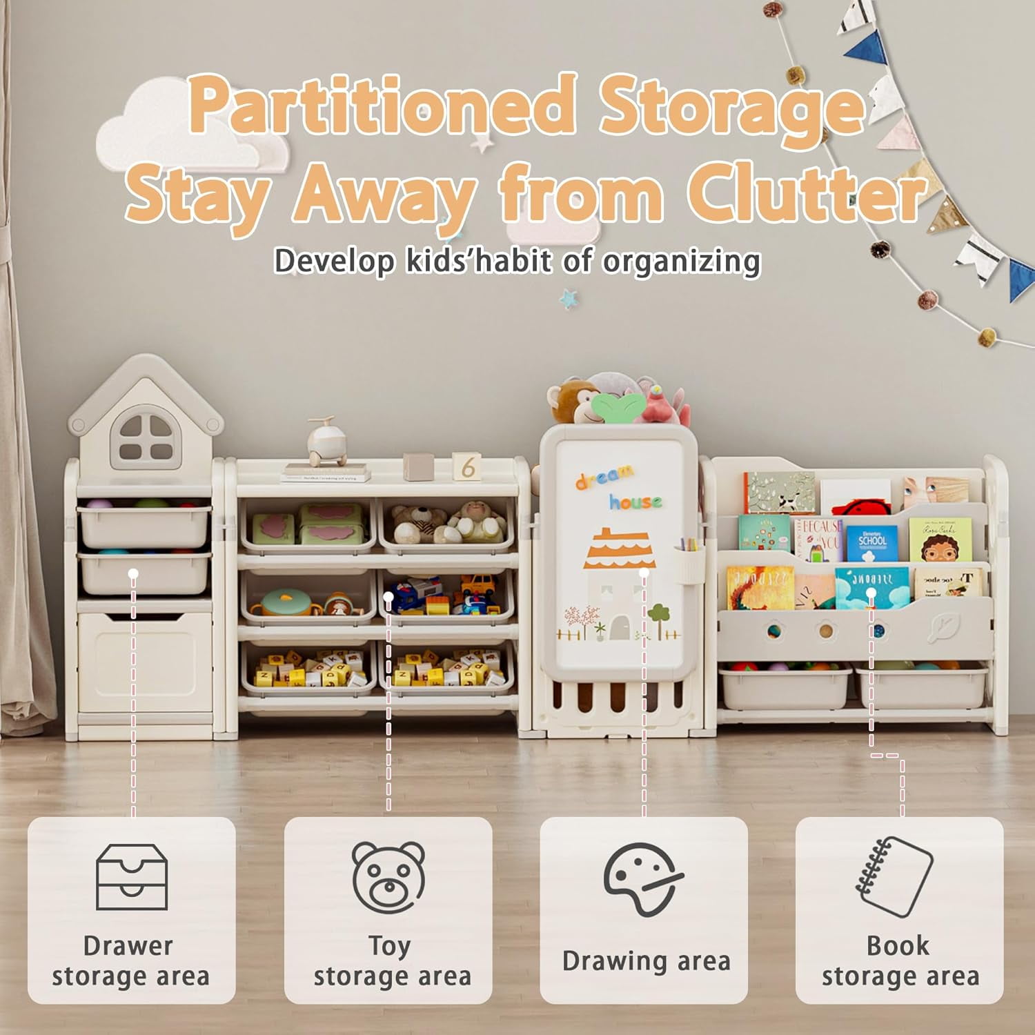 Kids Toy Storage Organizer with 3-Tier Bookshelf, NEORIVER Collapsible, 87.4W x 12.6D x 35.8H", with Removable Bins, Drawing Board & 3 Brushes