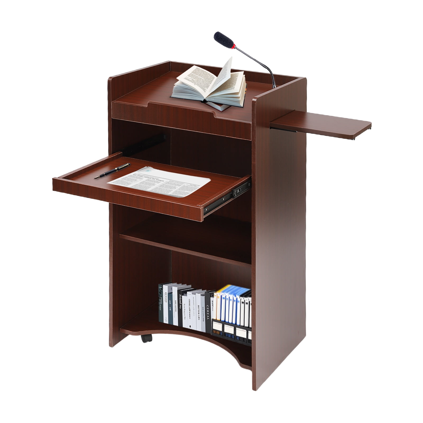 Wooden Lecterns & Podiums Standing Desk with Side Shelf and Keyboard Tray for Churches Classrooms Reddish-Brown 23.6*15.7*45.7in Heavy Duty