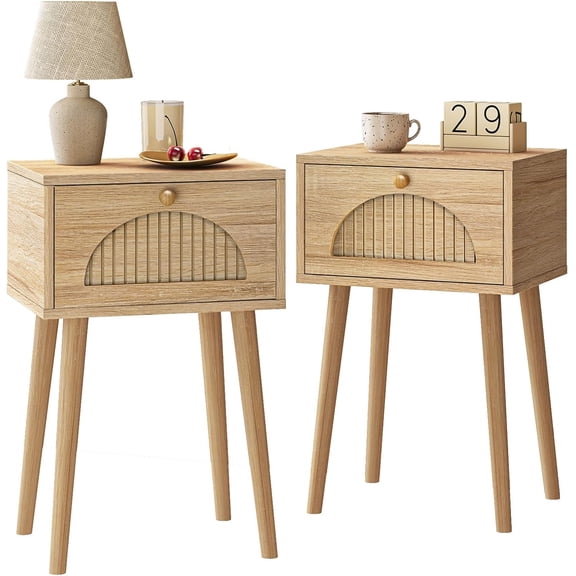 Nightstands Set of 2 with Fluted Door, Small End Table with Solid Wood Feet for Bedroom Small Space, Modern Mid-Century Bedside Table
