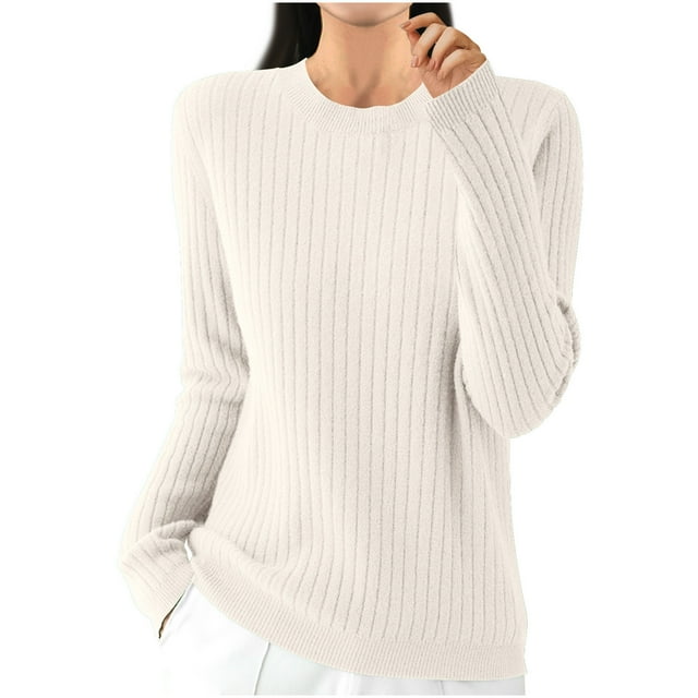 Dagugfen Hauts d'Automne pour Femmes Col Rond Manches Longues Tricot Confortable Couche de Base Thermique Chandail Décontracté