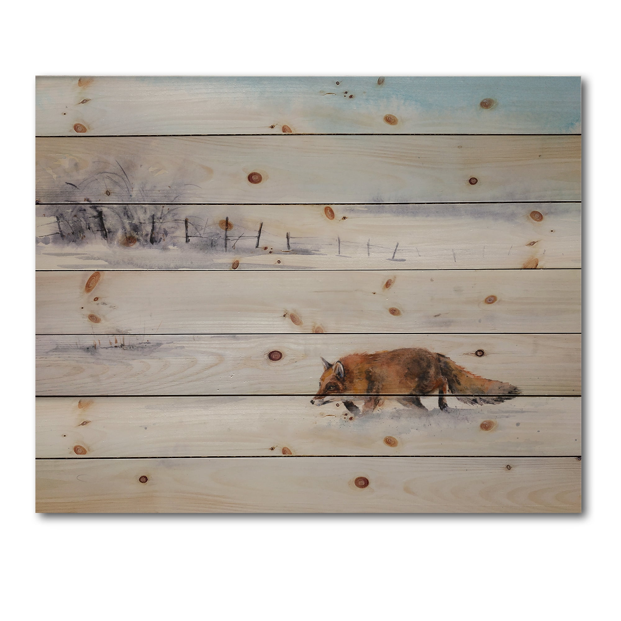 Designart 'Red Fox Running In White Snow in Countryside I' Farmhouse Print on Natural Pine Wood
