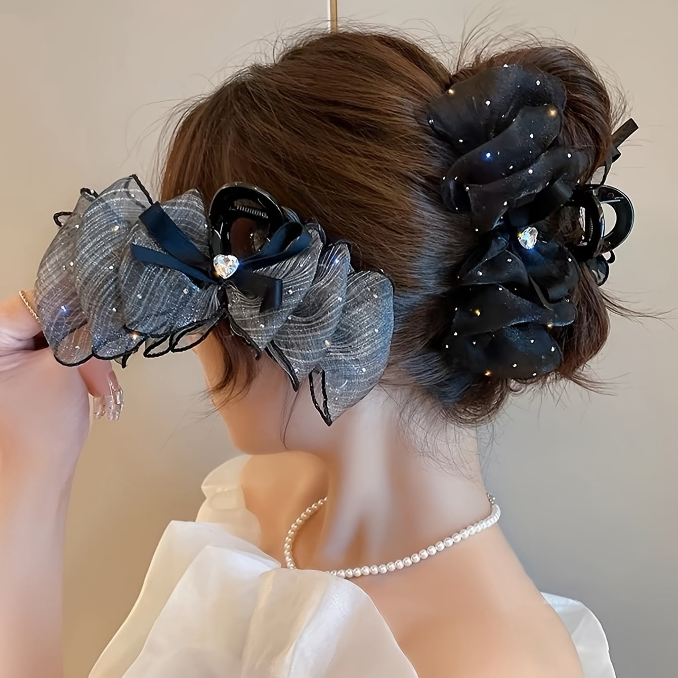 Elegant vintage large butterfly hair clip with heart-shaped rhinestone embellishment and mesh design, suitable for casual outfits