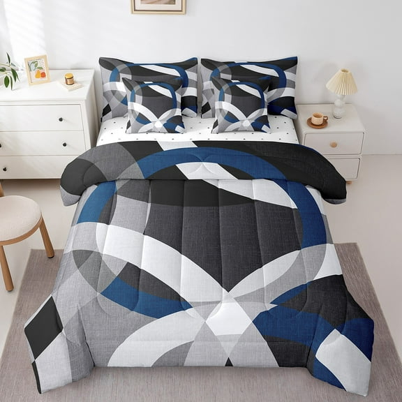 Erosebridal Abstract Stripes Bedding Sets Twin Size,Circle Lines Comforter Sets with Sheets,Gradient Decor,7pcs