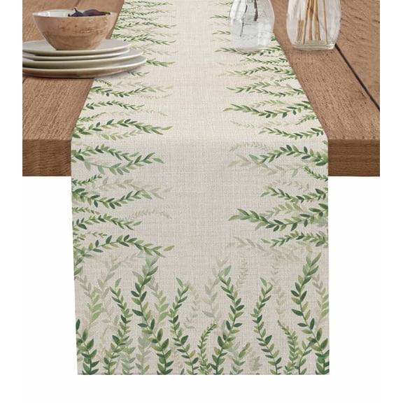 ERUNPONLY Green Eucalyptus Leaves Table Runner - 70 Inch Long Rustic Weep Botanical Leaf Beige Cotton and Linen Blended Dress Scarves Farmhouse Table Runner for Kitchen Dining, Coffee Table, 13"x70"