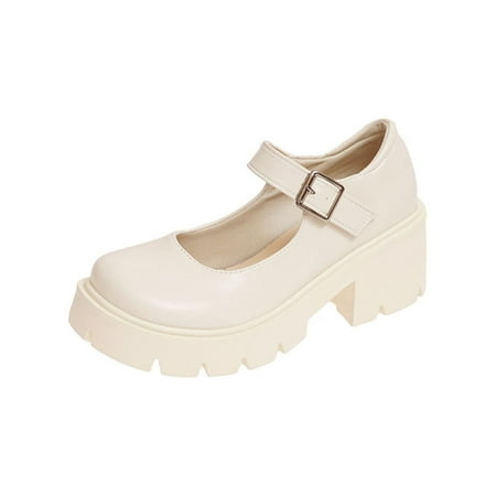 

UKAP Ladies Leather Shoe Platform Shoes Ankle Strap Mary Jane Fashion Loafers Women Chunky Heel Non-slip Beige 5