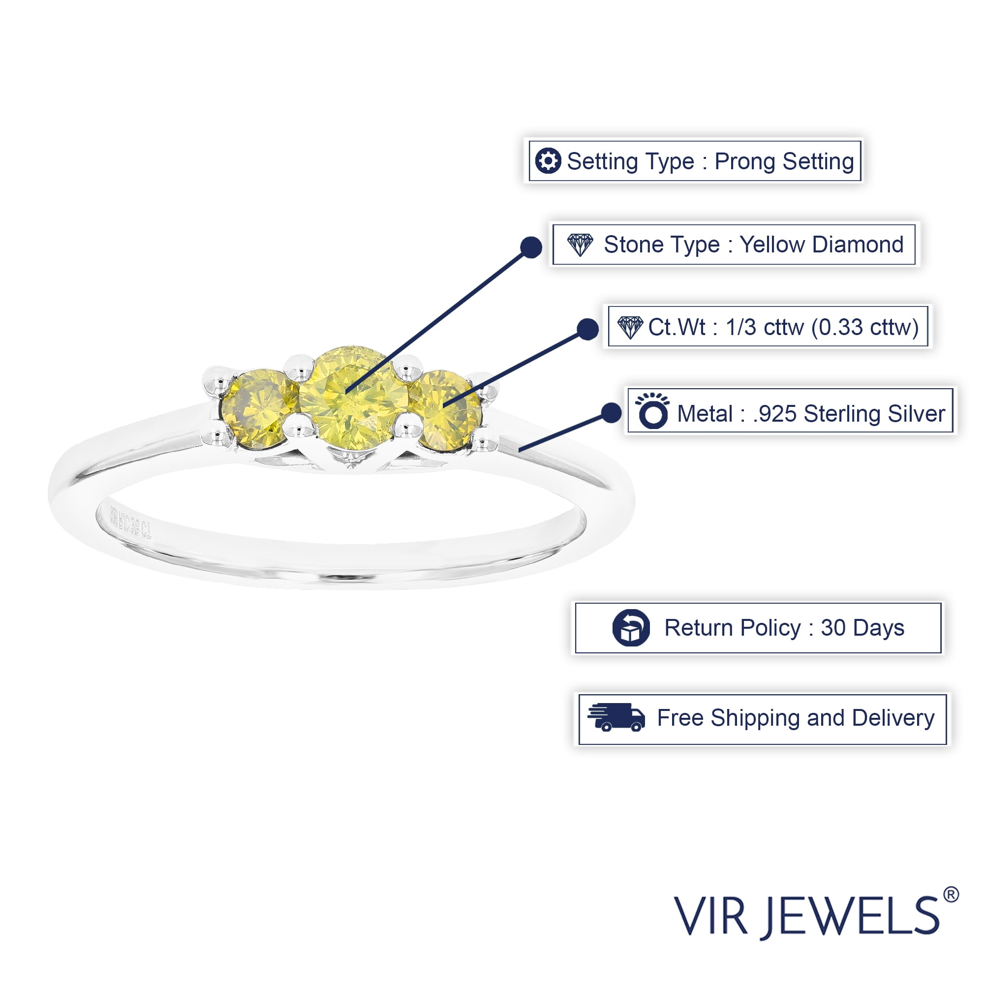 Vir Jewels 1/3 CTTW 3 Stone Yellow Diamond Engagement Ring for Women in .925 Sterling Silver