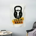 thumbnail image 1 of Fitness Tapestry, Aged Damaged Display Kettlebell Muscular Athletic Man Silhouette Train Hard, Wall Hanging for Bedroom Living Room Dorm Decor, 40W X 60L Inches, Orange Black White, by Ambesonne, 1 of 2