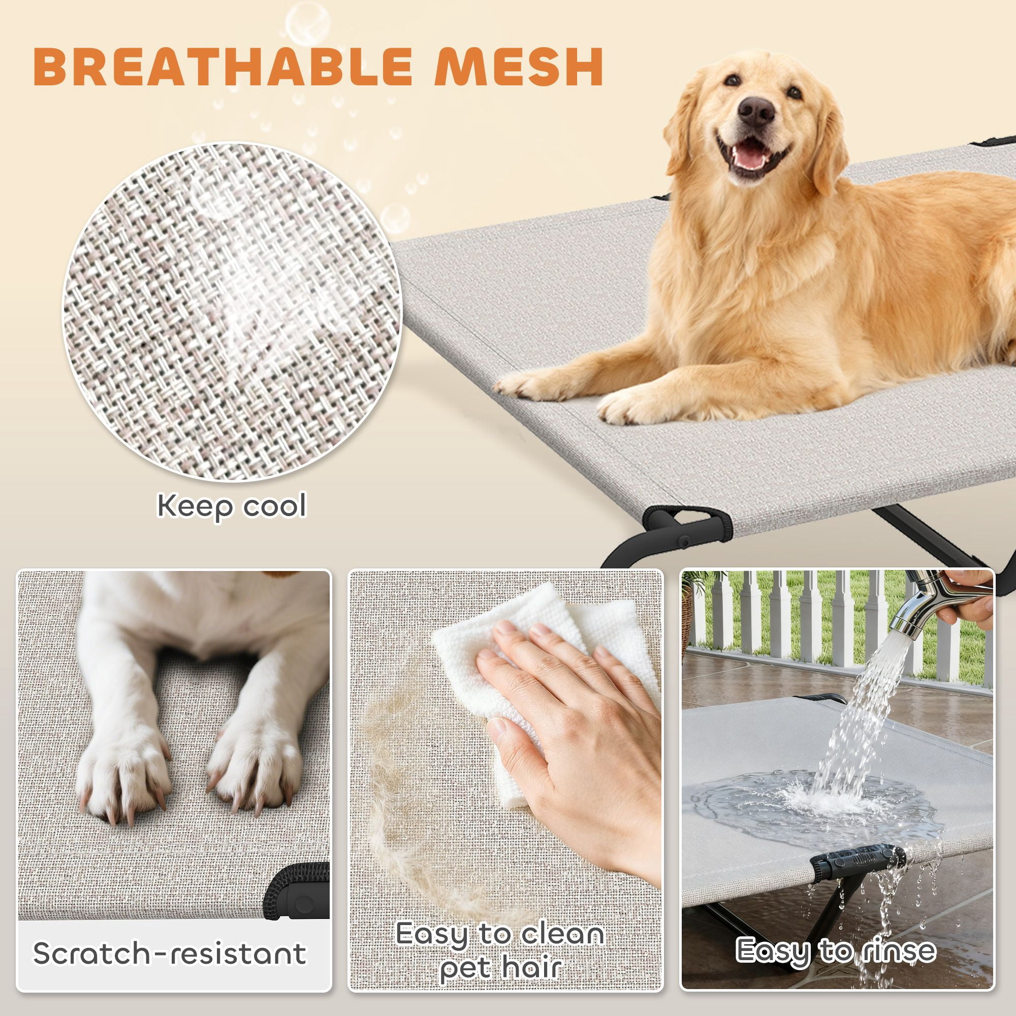 Elevated Dog Bed for Large Breeds 60"L Raised Cooling Pet Cot with Breathable Teslin Mesh 149 lbs Capacity Indoor Outdoor Dog Bed Beige