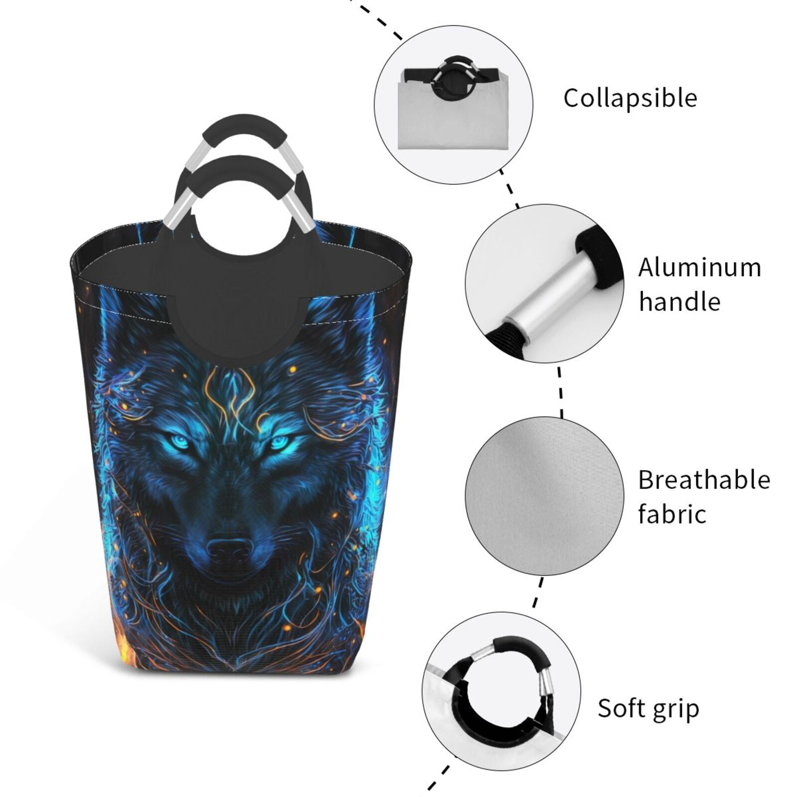 Xecao Cool Blue Light Wolf for Laundry Basket,Collapsible Large Laundry Hamper,Wash Bag for Laundry Room, Rolling Laundry Basket with Handles