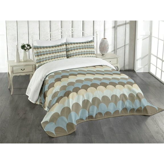 Ambesonne Geometric Quilted Bedspread Set 3 Pcs, Half Circle Waves, Queen Size, Multicolor