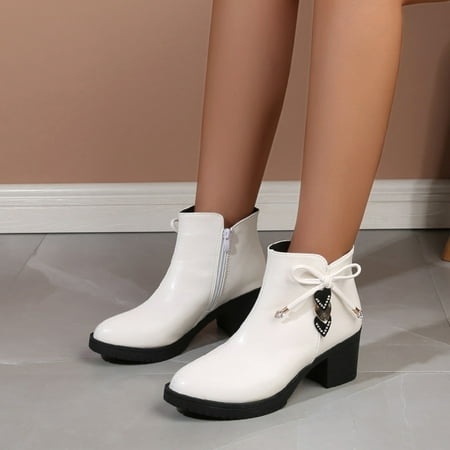 

ERTUTUYI Ladies Fashion Solid Leather Round Head Bow Side Zipper Thick High Heel Short Boots Beige 37
