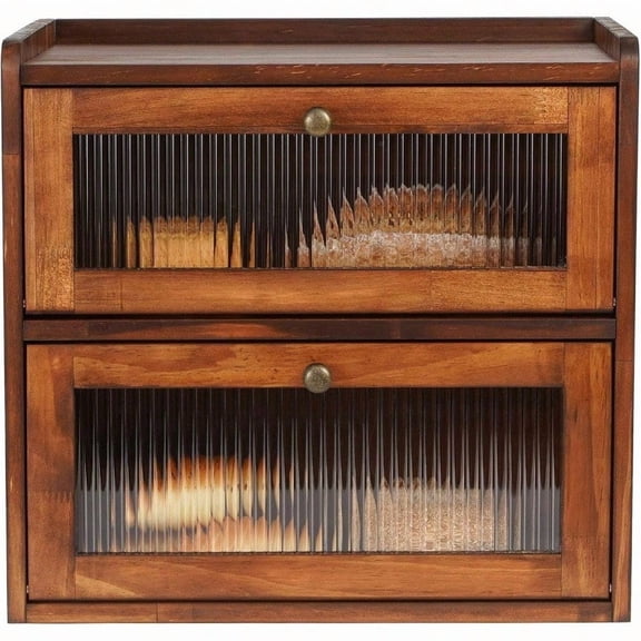 Sunhoo Bread Box for Kitchen Countertop Wooden Bread Storage Container Bin 2 Layer Breadbox Holder Large Capacity Keeper Vintage Farmhouse Food Organizer Pantry Shelf Acrylic Window Brown