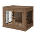 thumbnail image 2 of Unipaws Pet Crate End Table, Double Doors Wooden Wire Dog Kennel with Pet Bed, Medium Dog Crate, Walnut, 2 of 7