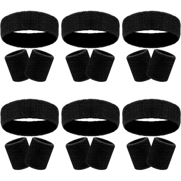 18 Pcs Sweatbands Headband Wristband Set Colorful Striped Terry Cloth Sports Athletic Gym 80s Sweat Headbands Wrist Bands (Black)