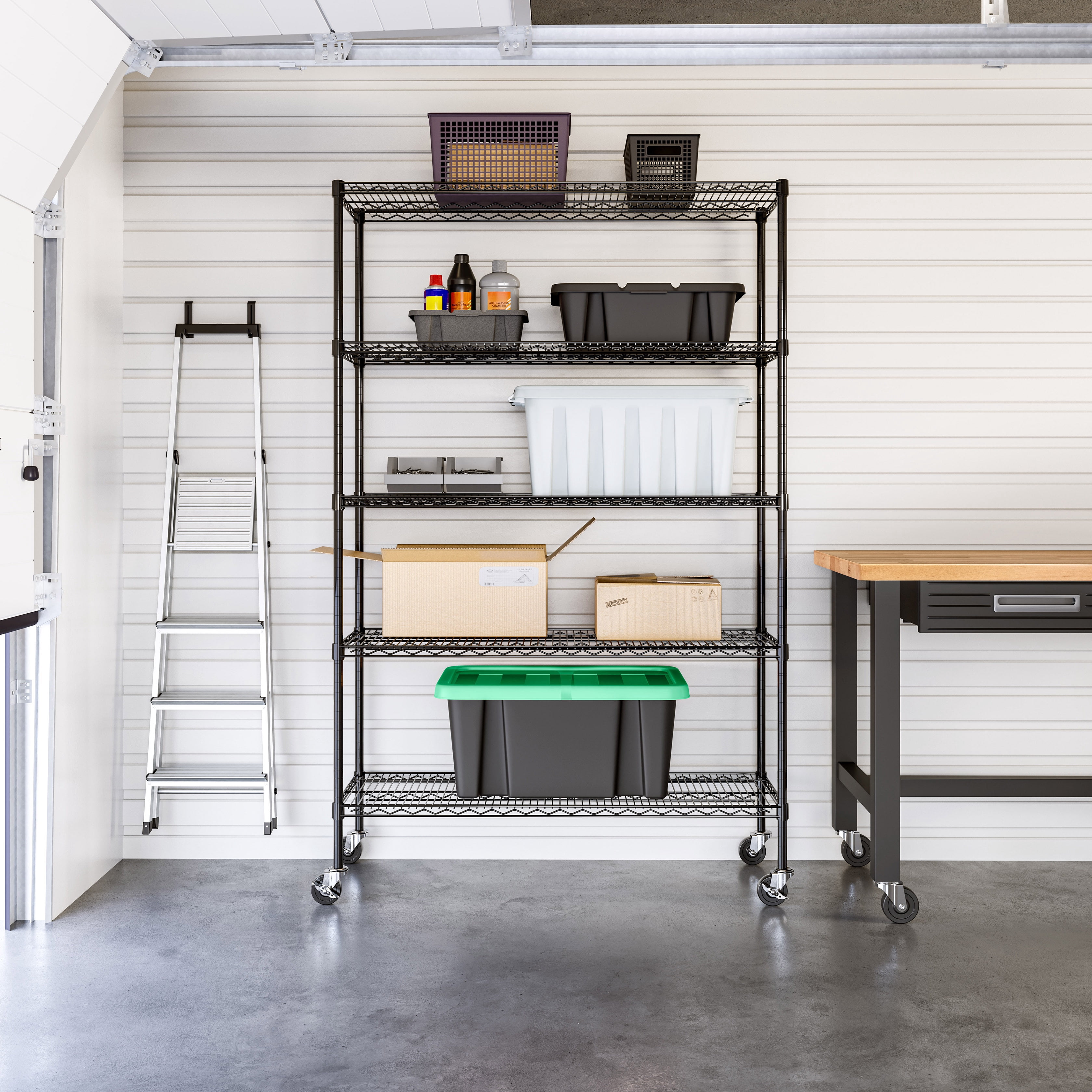 Seville Classics UltraDurable Commercial-Grade 5-Tier NSF-Certified Steel Wire Shelving with Wheels, 48" x 18", Black