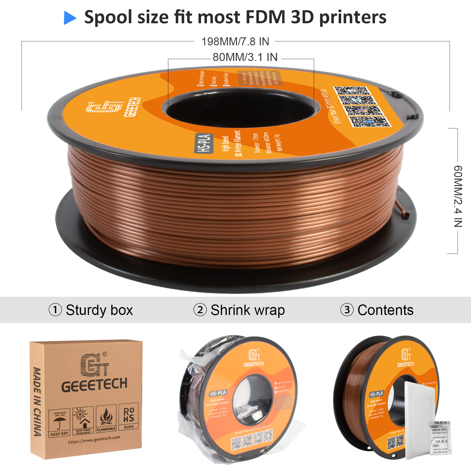 Geeetech 1.75mm PLA 3D Printer Filament, 10kg Spool (22lbs), Dimensional Accuracy +/- 0.03mm,Brown