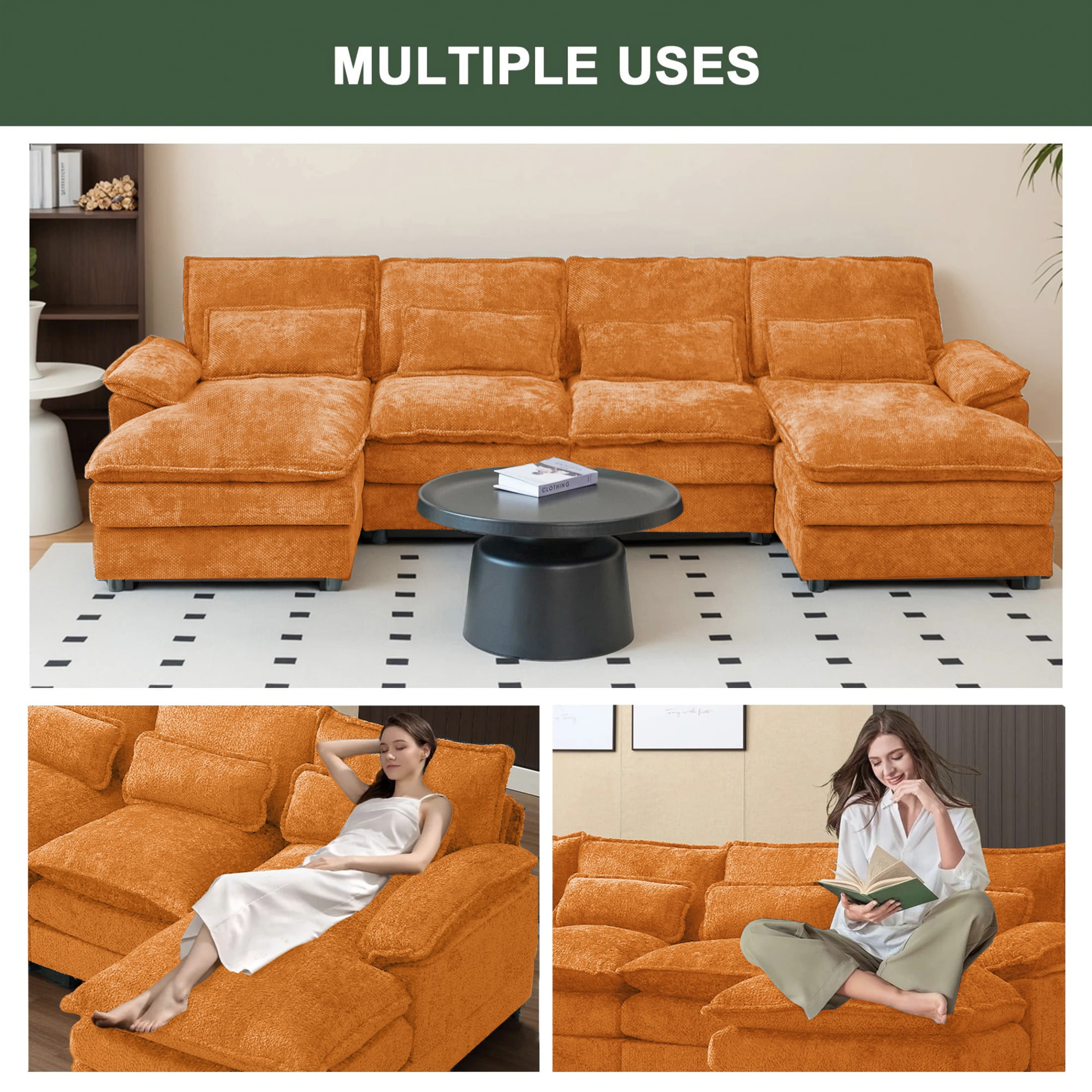 SOULART 110" Cloud Sofa,Orange U shaped Sectional couches for living room, modular couch with Chaise