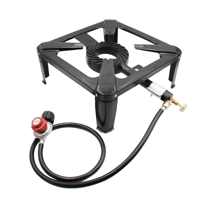 quemador de propano para exteriores, estufa de hierro fundido, cocina de gas glp estufa portátil negra de hierro fundido (40 x 40 x 16 cm, 4 kg) con quemador central de anillos, soporte cuadrado elevado, manguera flexible y regulador con perilla roja; potencia 8000W, adecuada para cocinar al aire libre y uso en campamentos.