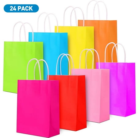 GPED 24 Pack 8 Color Rainbow Kraft Bags with Handles Colorful Gift Bags for Goodies Birthdays Events Classroom Celebrations