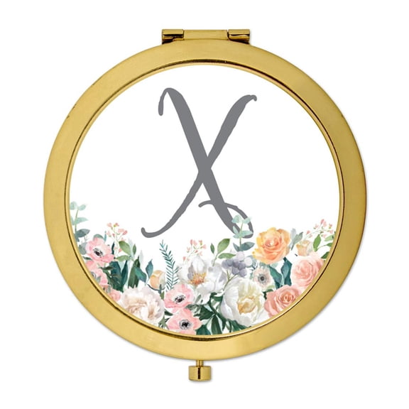 Koyal Wholesale Gold Compact Mirror Bridesmaid's Wedding Gift, Peach Flower Florals on White, Monogram Letter X, 1-Pack