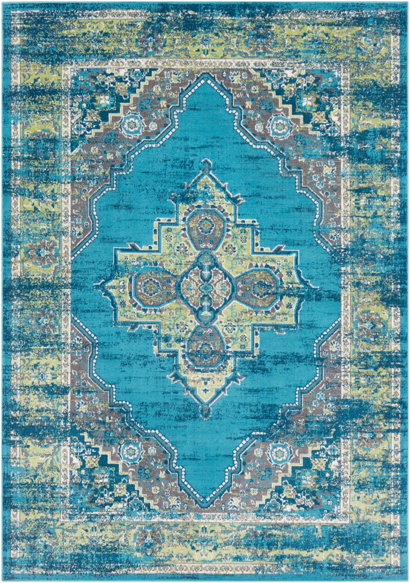5.25' x 7.5' Distressed Finish Blue and Lime Green Area Throw Rug