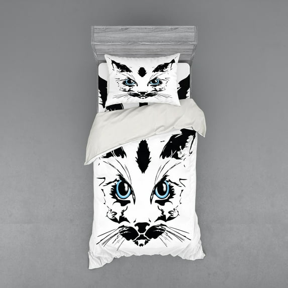 Ambesonne Animal Bedding Set 3 Pcs, Big Cat Face Pet Sketchy, Twin XL, Sky Blue White and Black