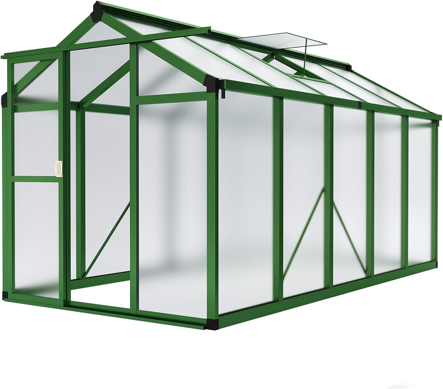 6x10 FT Walk-in Greenhouse for Outdoors – Aluminum Frame, Polycarbonate Panels, Roof Vent, Rain Gutter, Sliding Lockable Door, Easy Setup for Garden & Backyard, Green