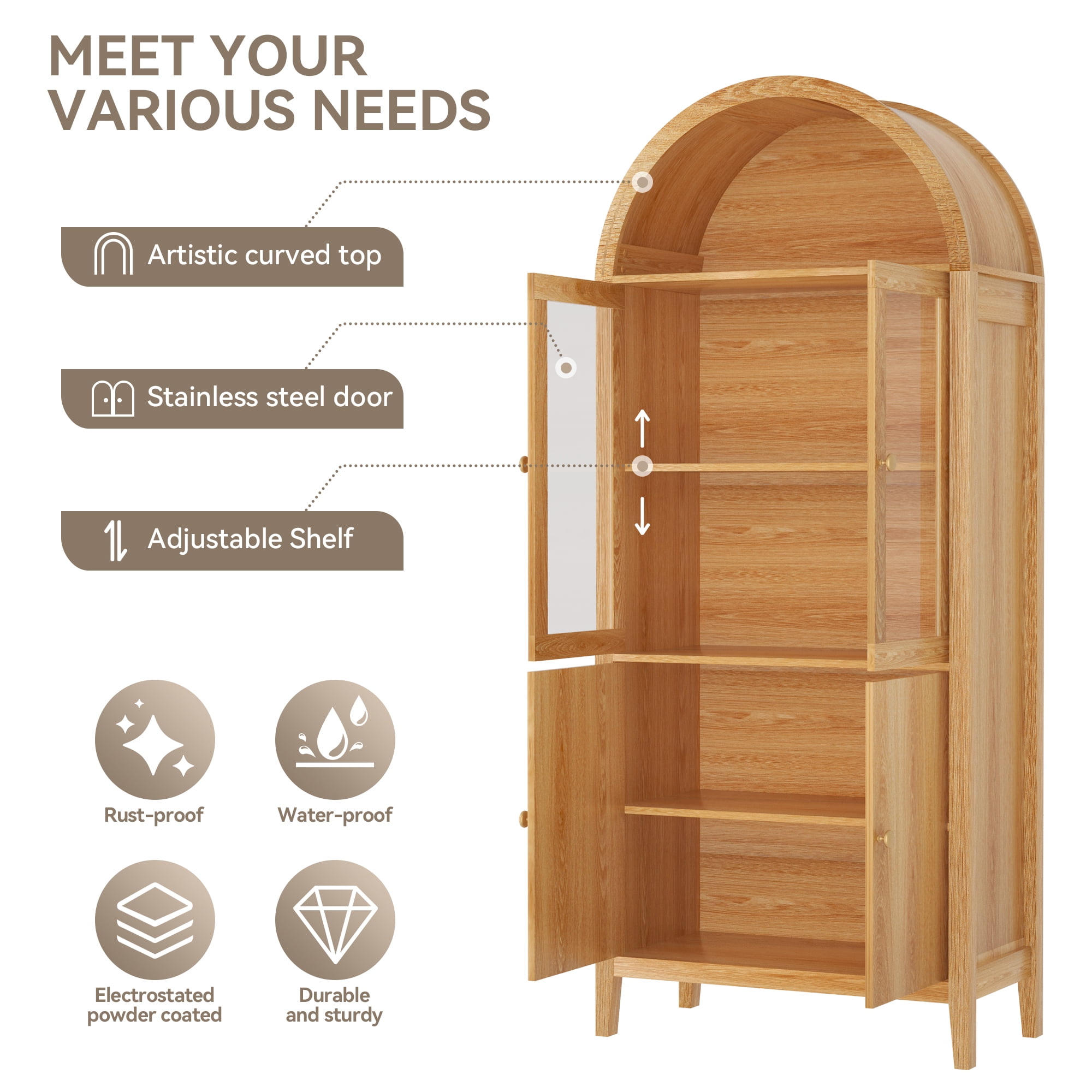 Eunon Tall Arched Pantry Storage Display Cabinet,Arched Storage Cabinet With Doors Retro Oak
