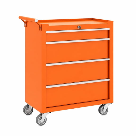 Heavy-Duty 4-Drawer Rolling Tool Chest with Lockable Drawers, Ball-Bearing Slides, Detachable Top Box & Side Handle β Portable Tool Storage Cabinet for Garage & Workshop β Orange