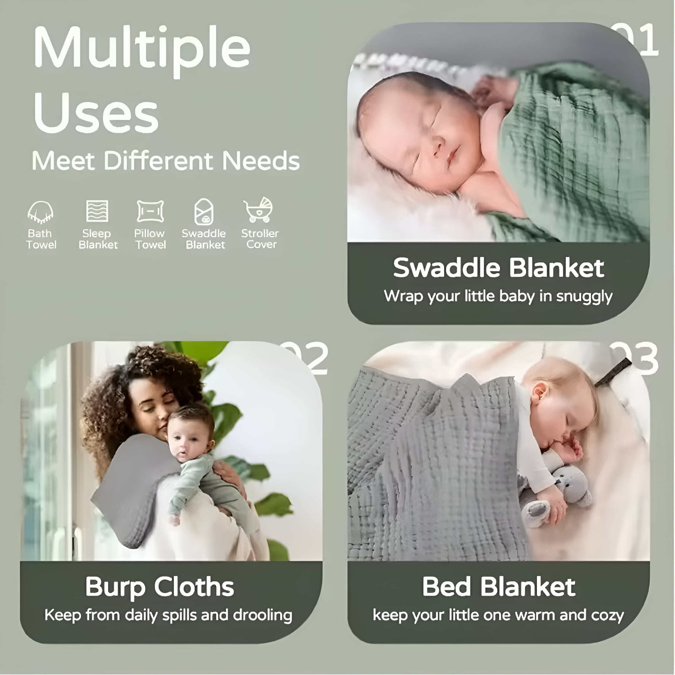 AUQ 2026 New 2 Packs Hooded Baby Bath Towel,Soft&Absorbent Muslin Cotton Baby Towels with Hood for Babies,Toddler&Kids,Green+Grey,31 X 31" for Baby,Bath,Toddler,Kids,Swimming