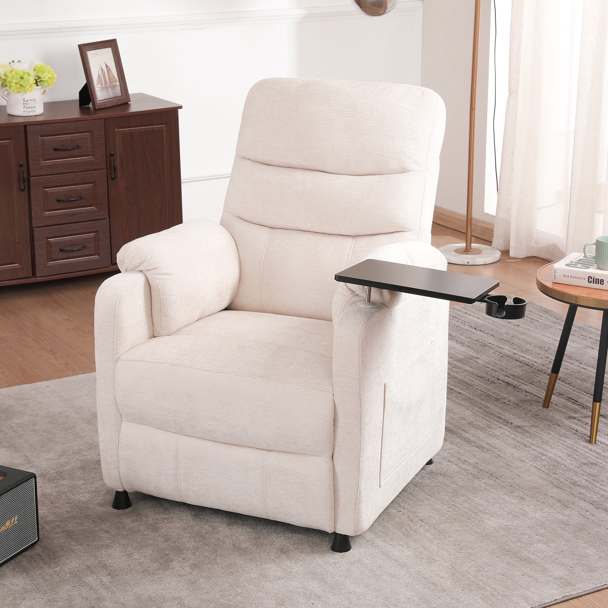 Miniyam Power Recliner Chair with Lumbar support in White, Tabletop & Cup Holder Full Steel Frame 7-Zone Support with Wired Memory Remote for Home Theater Indoor