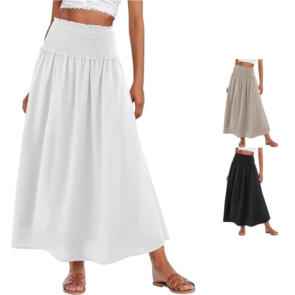 Unir Women Loose Swing A-Line Matte Spandex Midi Skirt Full Smocked Frill Ruffle Elastic High Waist Minimalist Resort Casual Long Bottom 1PC S-XXL Plus Size Friendly