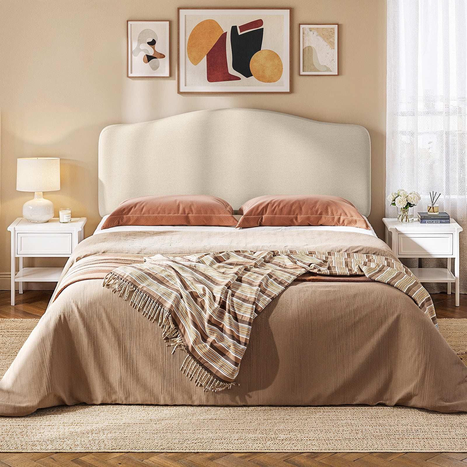 Pinmoco Upholstered Headboard for Queen Bed, Height Adjustable and Memory Foam Arc-shaped Head Board, Beige