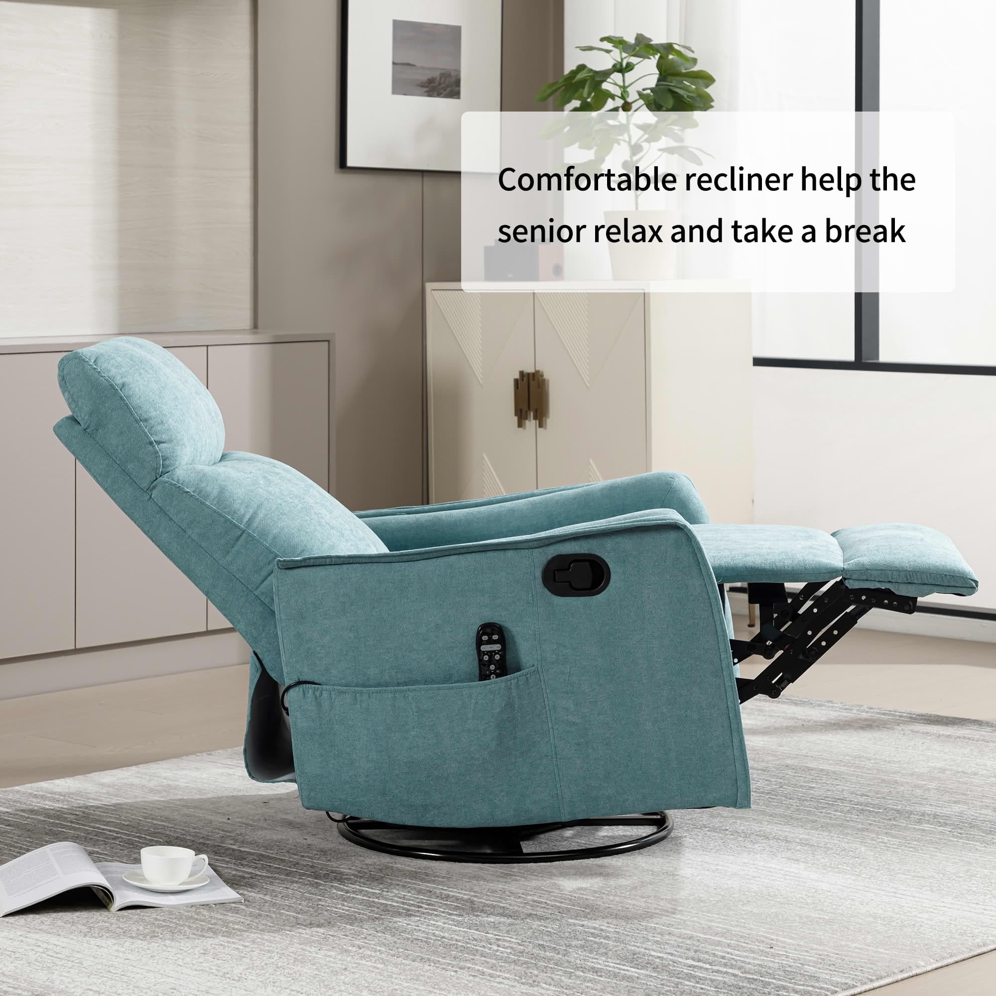 MAYEERTY Antique Blue Green Heat Massage Recliner Chair, 360° Swivel Rocker 27"x36"x40" for Living Room