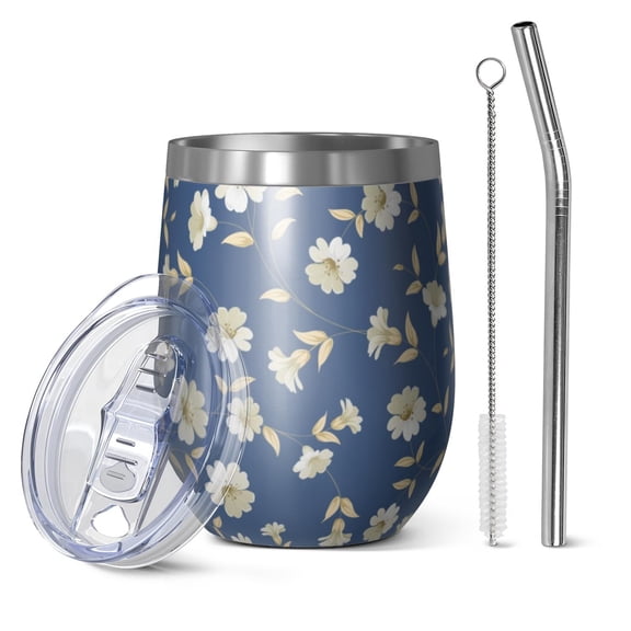 Floral 12oz Stainless Steel Insulated Wine Tumbler with Lid and Straw – Double Wall Vacuum Mug for Hot & Cold Drinks, 304 Steel Interior, Sweat-Free Design,Thanksgiving,Christmas, Spring,Flower