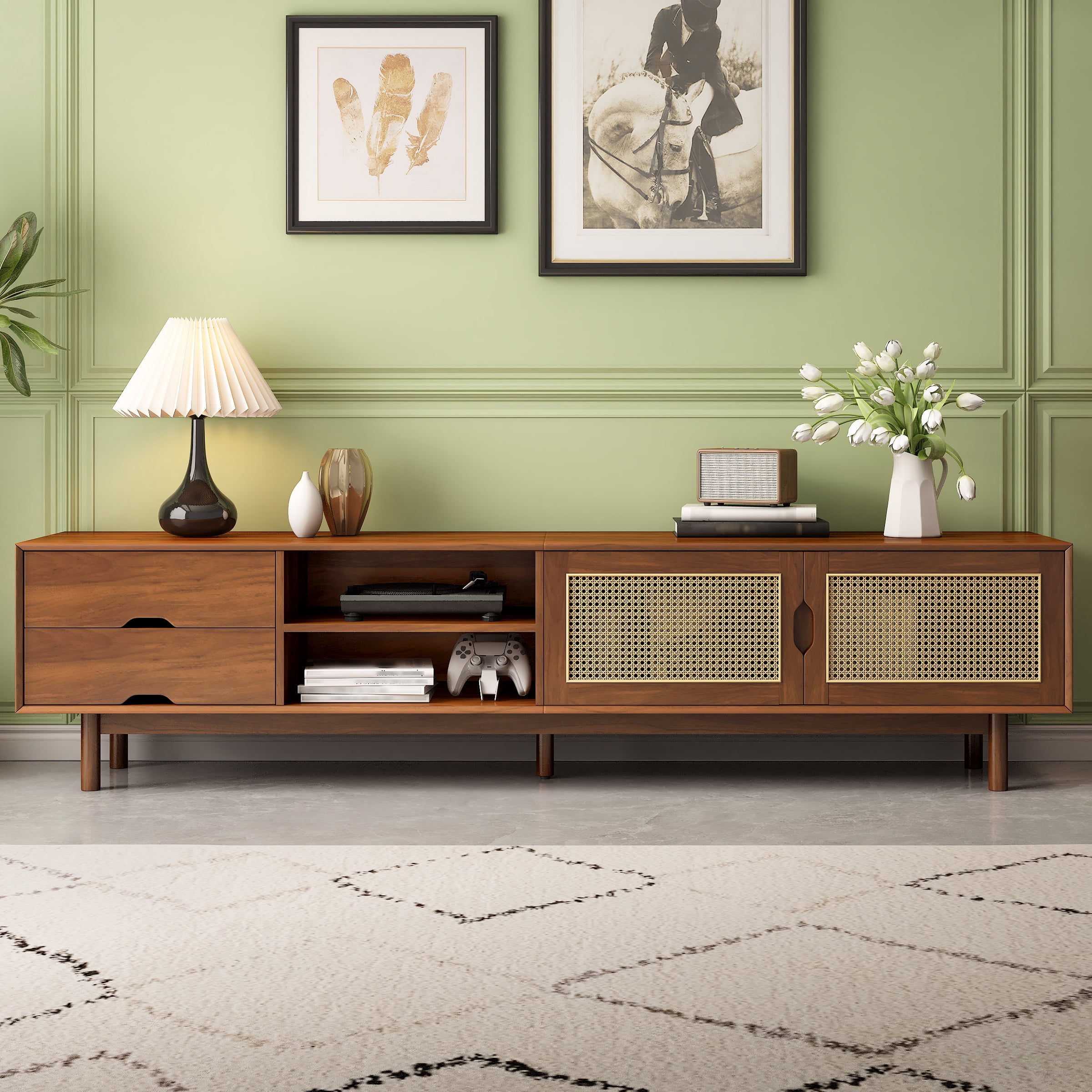 Euroco 78 Inch TV Stand for TVs up to 85 inch, Media Console with 2 Drawers, Solid Wood Legs, Rattan Front Panels, for Living Room, Modern Entertainment Center