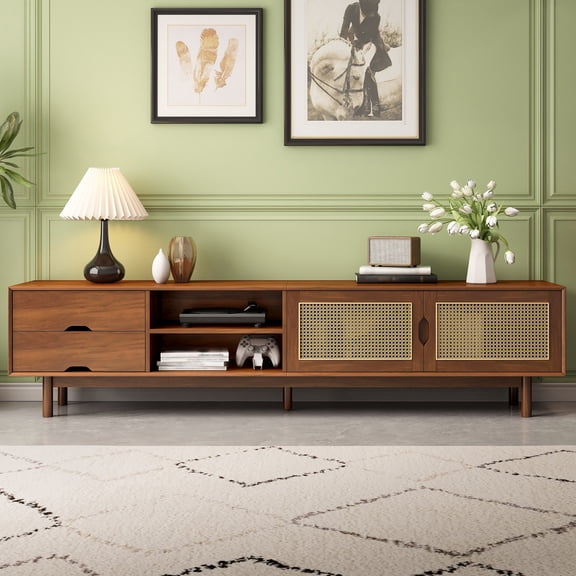 DRNANLIT 78 Inch TV Stand for TVs up to 85 Inch, Modern Media Console with Rattan Panels, 2 Drawers & Solid Wood Legs