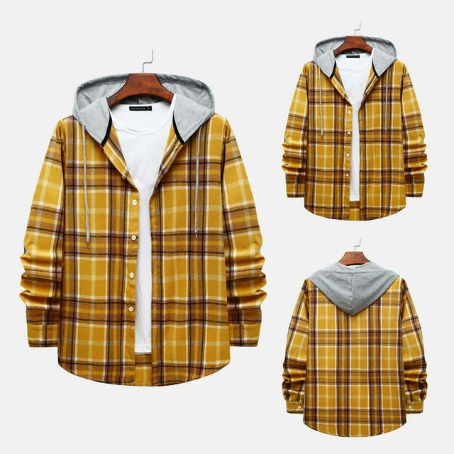DPTALR Men's And Winter Long Sleeve Solid Color Shirt Top Plaid Hooded Shirt