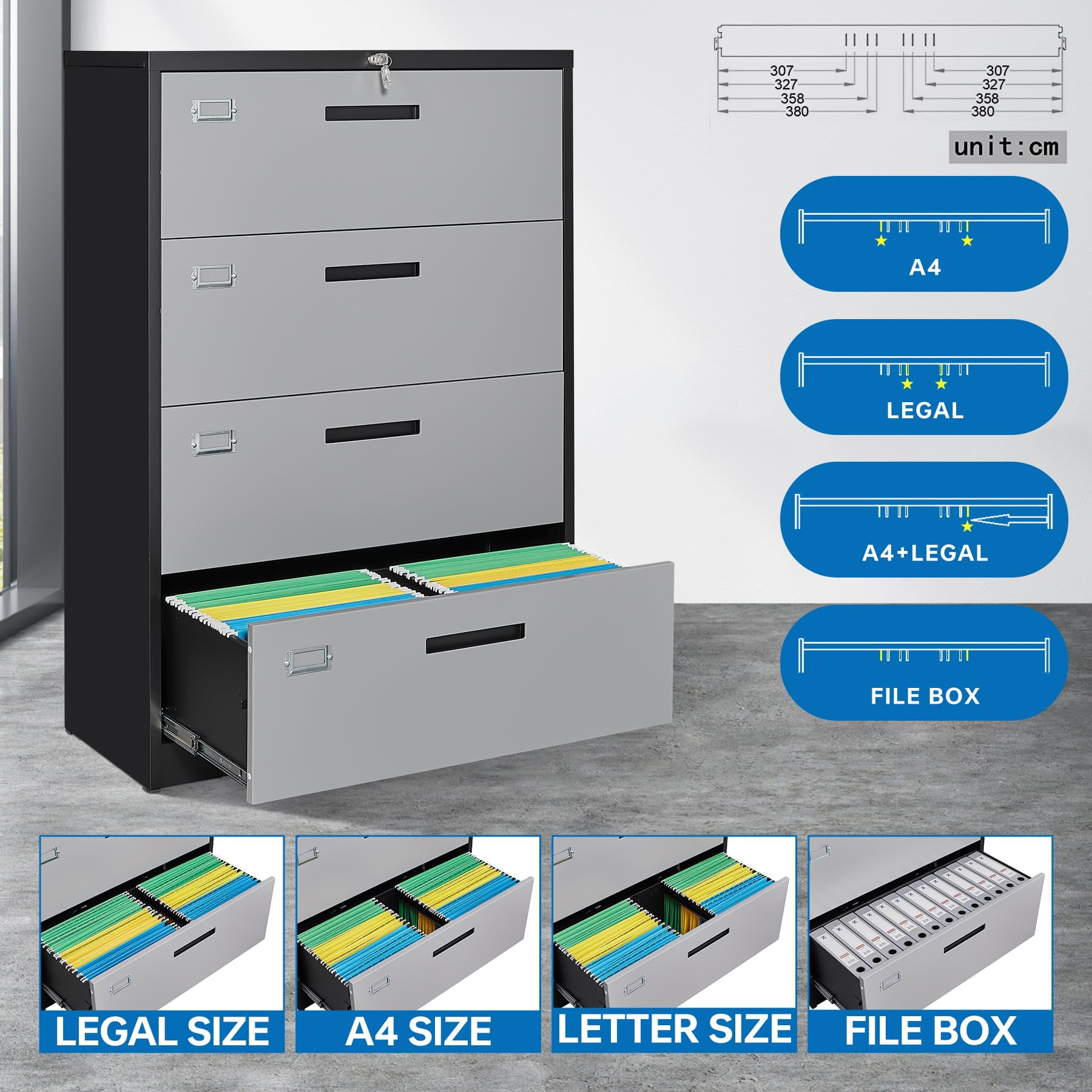 STANI 4 Drawer Lateral File Cabinet Metal Filing Cabinet with Lock Office Home File Storage Cabinet for A4 Legal/Letter Size, Assembly Required