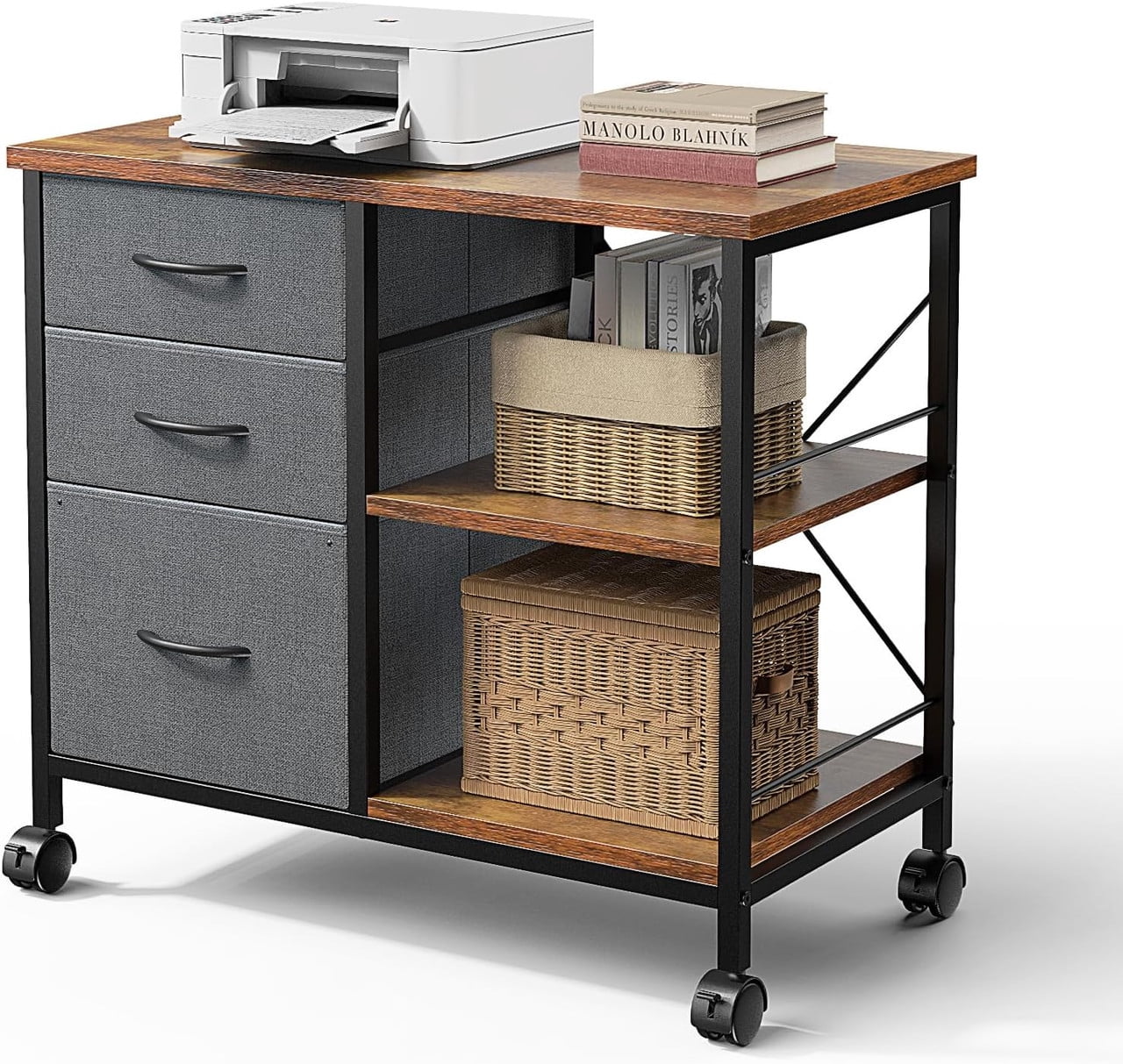 Simenmax 3-Tier Mobile Filing Cabinet, Heavy-Duty Printer Stand with Lockable Wheels & Fabric Drawers, Space-Saving Office Table for Home Office, Brown