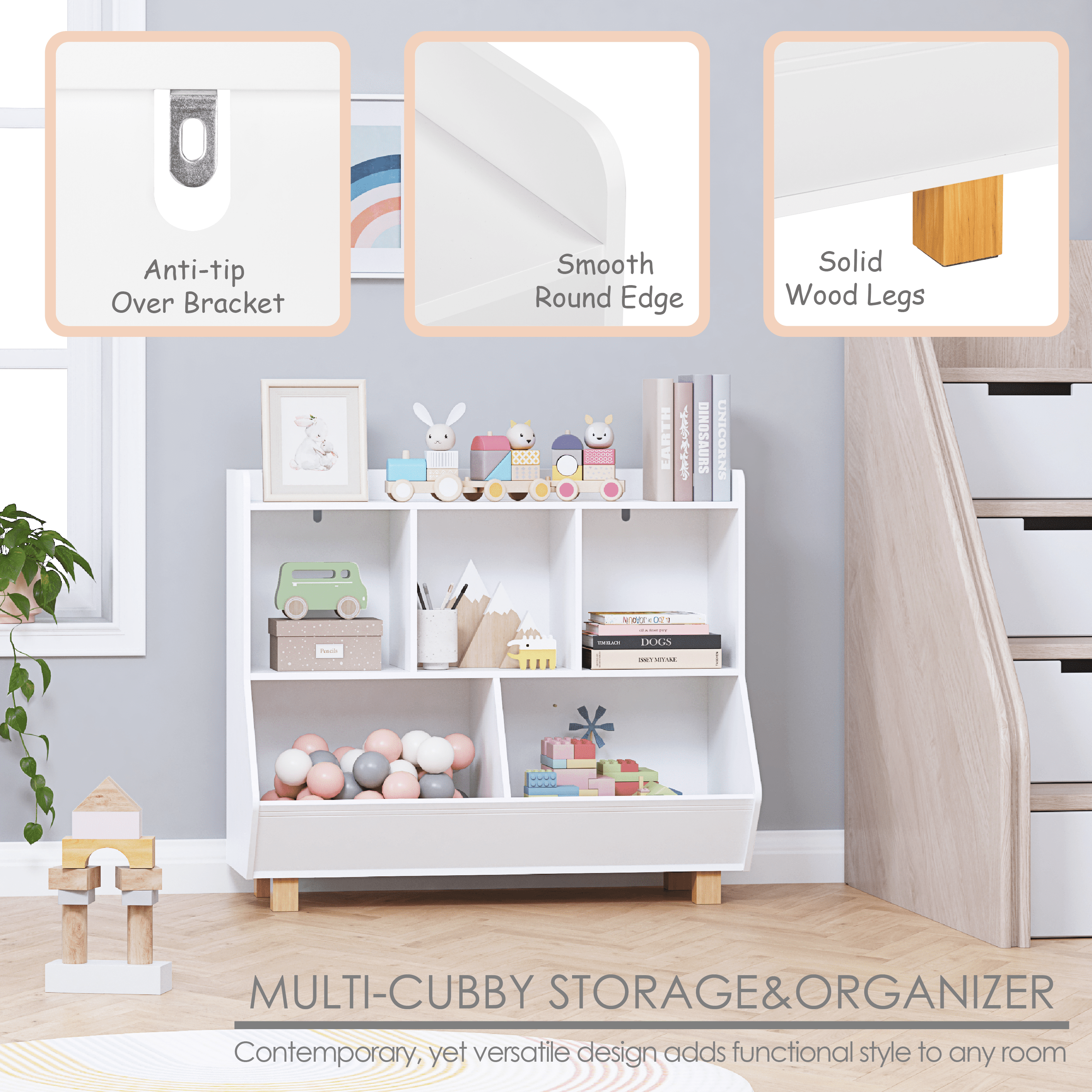 STAROUS 5-Cube Kids Bookshelf and Toy Organizer with Legs, White