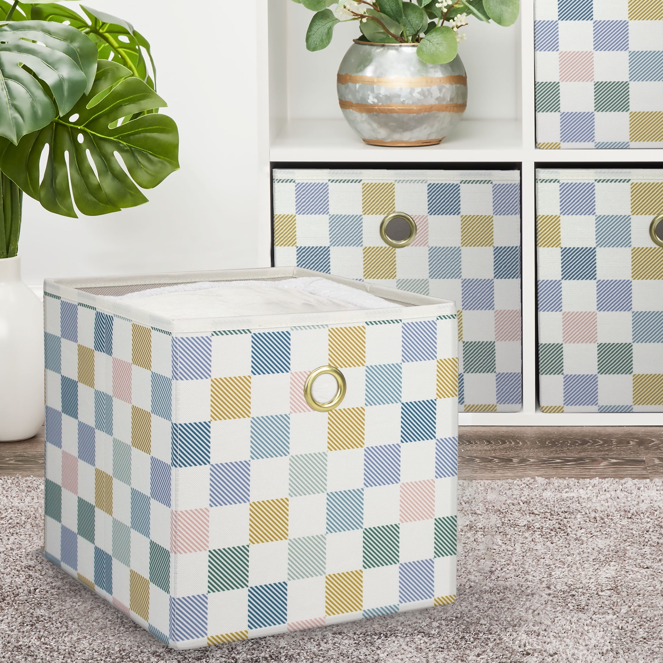 (2 pack) Mainstays Collapsible Fabric Cube Storage Bin, Multi Check, Closet Organizer with Metal Handle, 10.5 Inch
