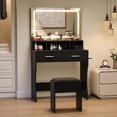 thumbnail image 6 of Vanity Desk with LED Lighted Mirror & Power Outlet, Makeup Vanities Table with 2 Drawers,Open Shelves, 3 Color Modes,Storage Bench,Dressing Table for Bedroom Black, 6 of 7