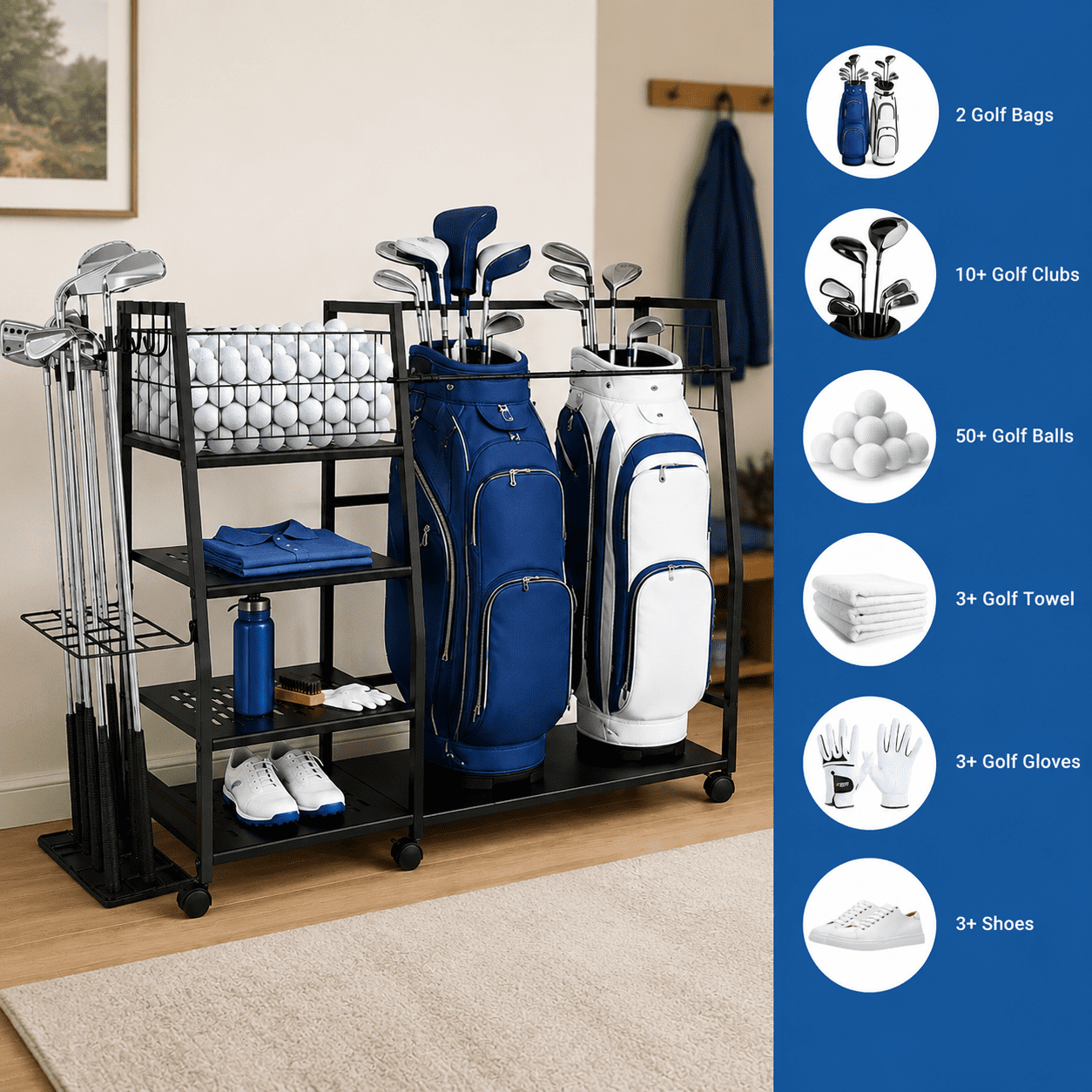 2-Bag Golf Bag Storage Rack with Wheels, Heavy Duty Garage Organizer ...