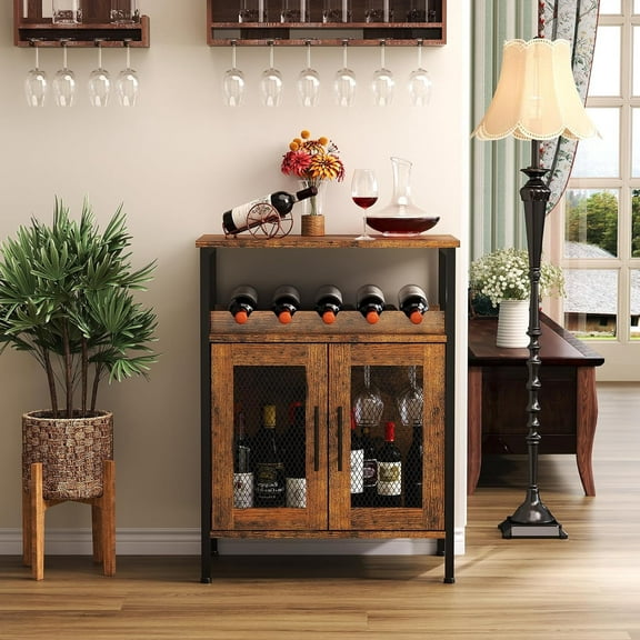 Wine Bar Rack Cabinet with Detachable Wine Rack, Coffee Barwith Glass Holder, Small Sideboard and Buffet Cabinet with Mesh Door, Rustic Brown()