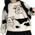 thumbnail image 2 of Chandails en Tricot à Manches Longues pour Femmes, Col Ras du Cou, Imprimé Vache de Dessin Animé, Coupe Ample, 2 of 6