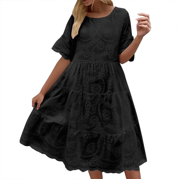 Youmylove Trendy Womens Summer Dress Women's New Mid Length Dress Lace Jacquard Hollow Out Slim V Neck Large Women's Dress Beach Vacation Sun Dress